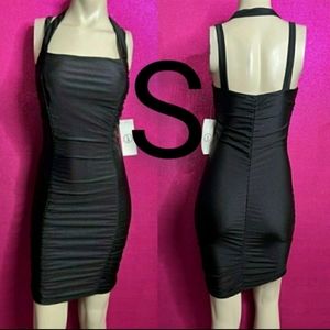 🆕Black Satin Nylon Ruched Bodycon Dress  Size  S
